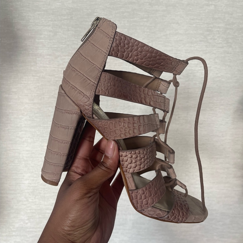 Vince Camuto Croc Lace-Up Curved Heel Sandals in Light Mauve